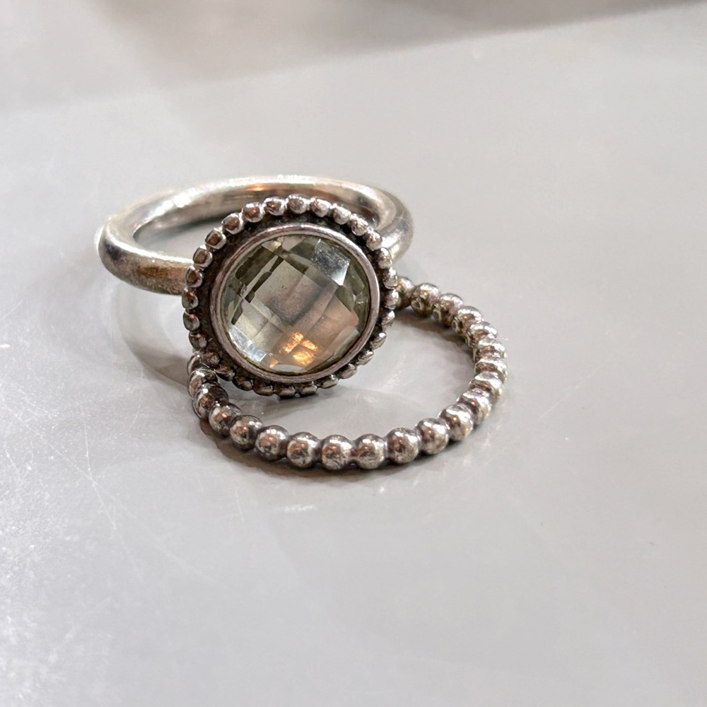 Pandora Autumn Skies Green Quartz Chequer Board Silver Ring SIZE 7